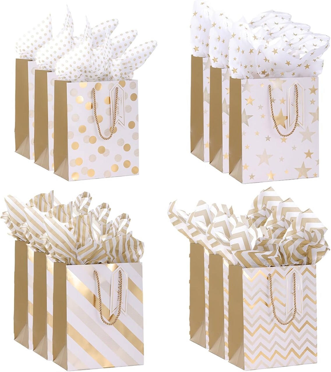12pcs 9" Gift Bags, Medium Size Paper Bags with Tissue Paper (Gold)